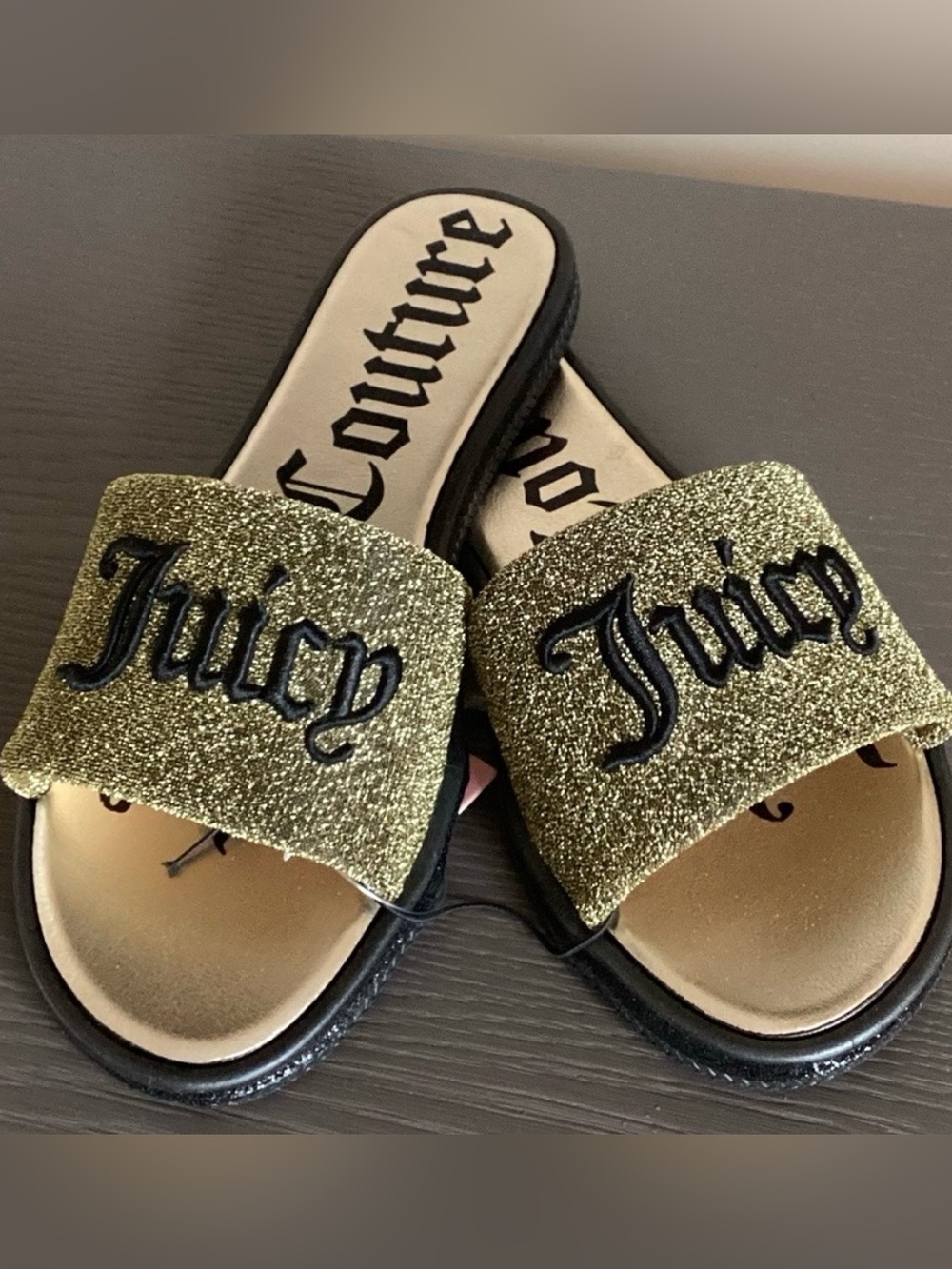 Juicy Couture Gold Glitter Logo Slide Sandals